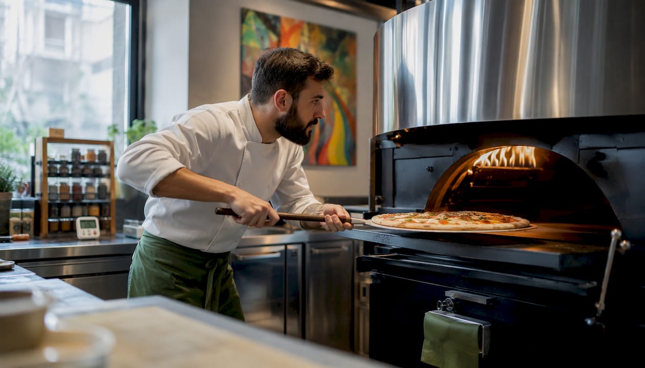 Chef loading pizza into commercial oven