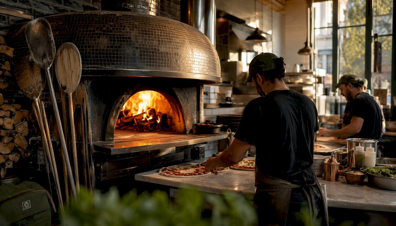Wood-fired pizza oven interior with flames