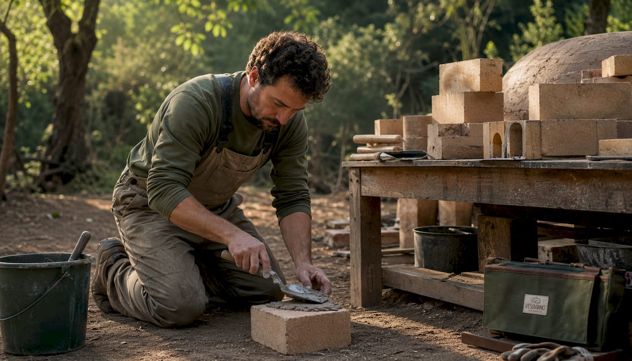 Hands working with firebricks and refractory materials