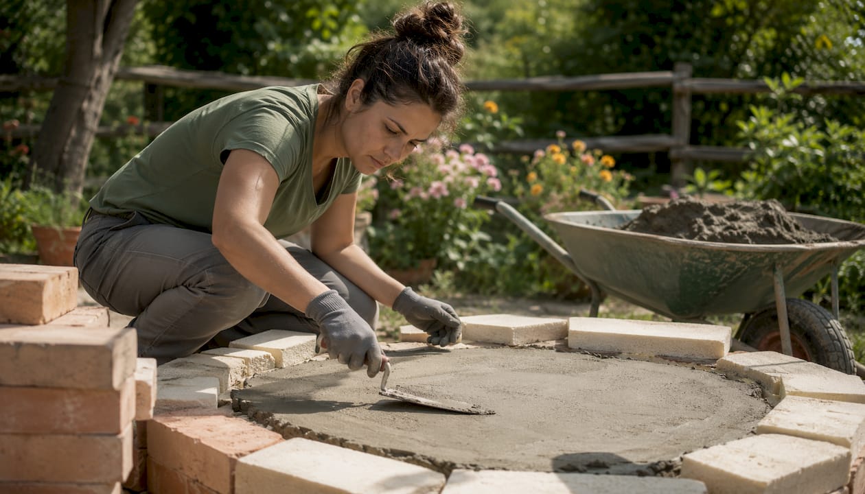 Woman building wood-fired pizza oven foundation outdoors