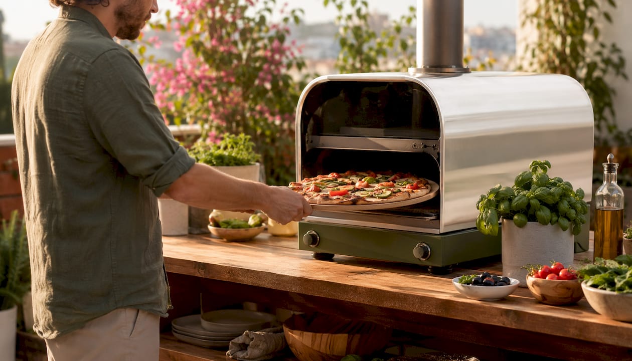 Hands using gas pizza oven outdoors
