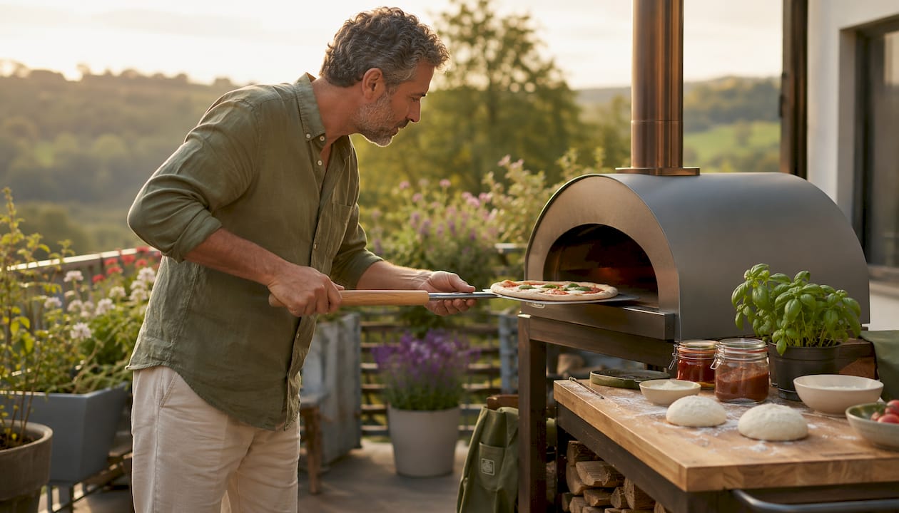 Man baking pizza on outdoor garden oven