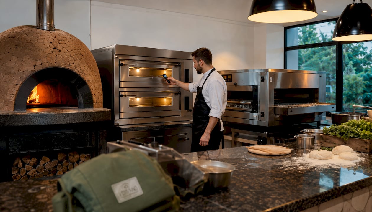 Three commercial pizza ovens showing types and temperature ranges