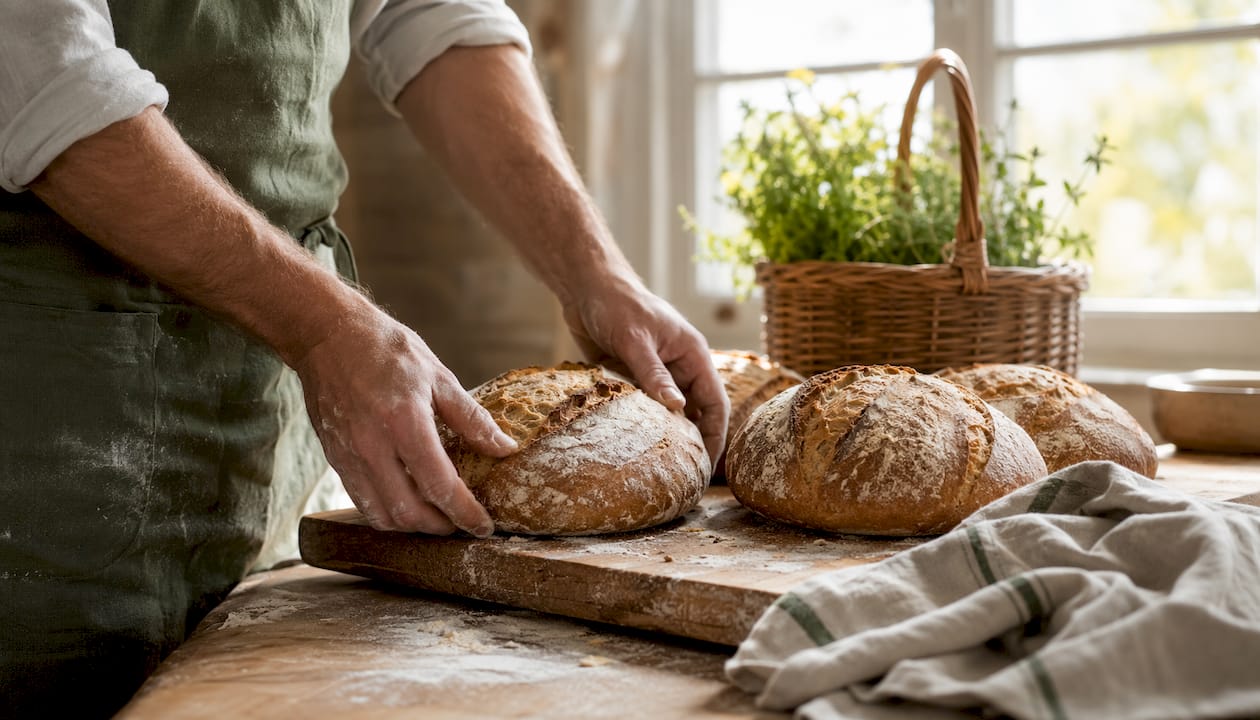 Fresh bread cooling on wire rack