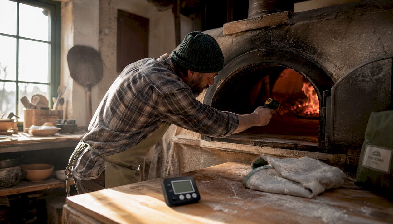 Baker checking oven temperature with thermometer