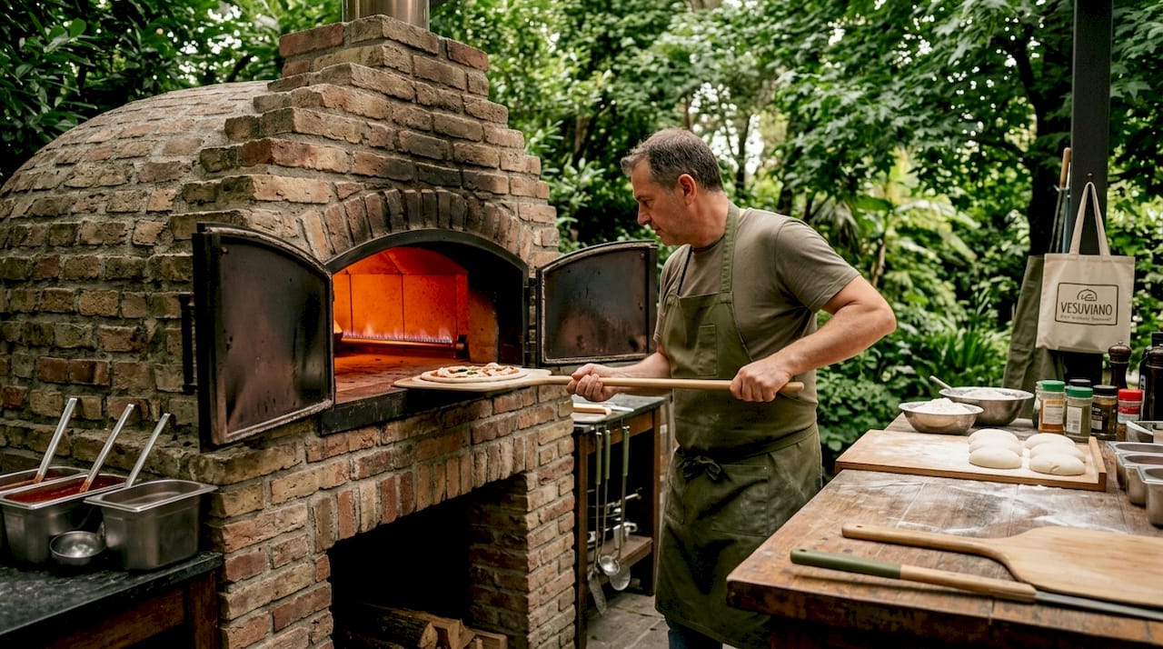 Chef che inforna una pizza in un forno a gas in mattoni