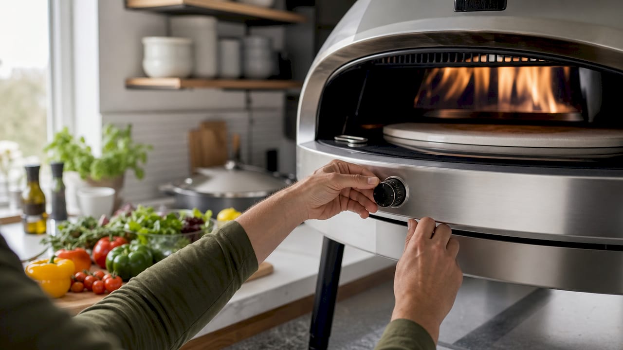 Mani che regolano la temperatura di un forno a gas in mattoni tramite una manopola