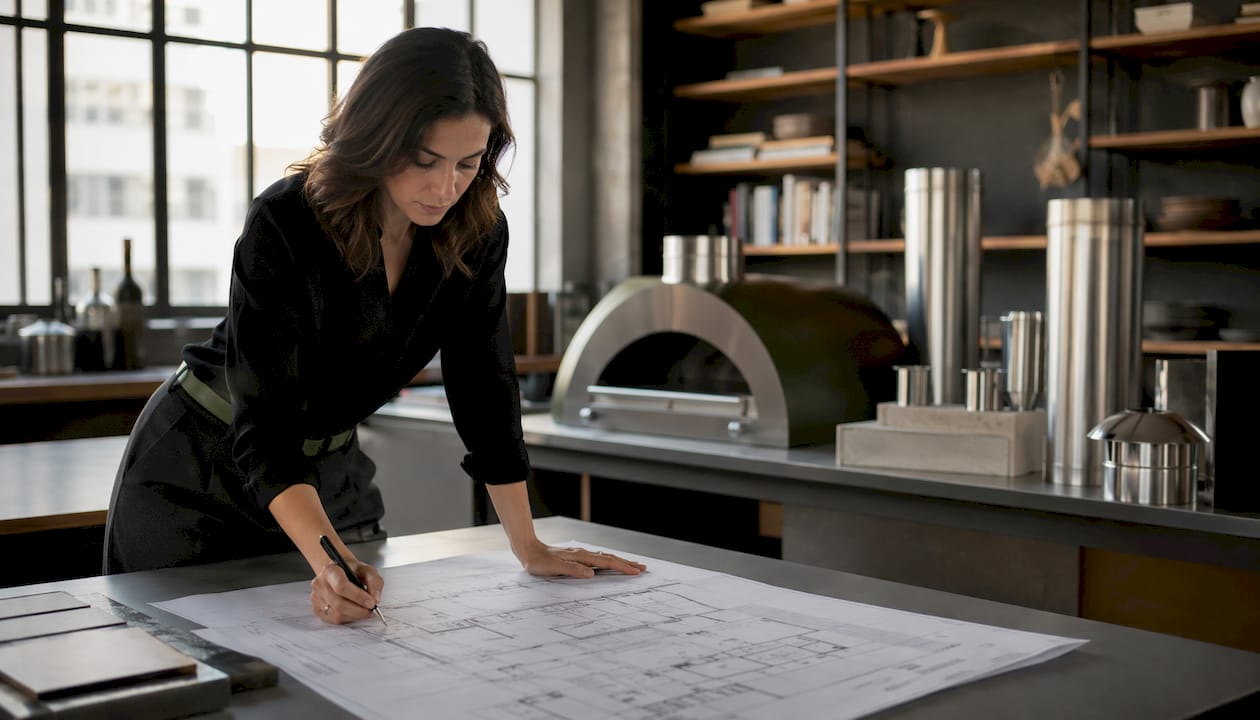 Designer reviewing blueprints near pizza oven parts