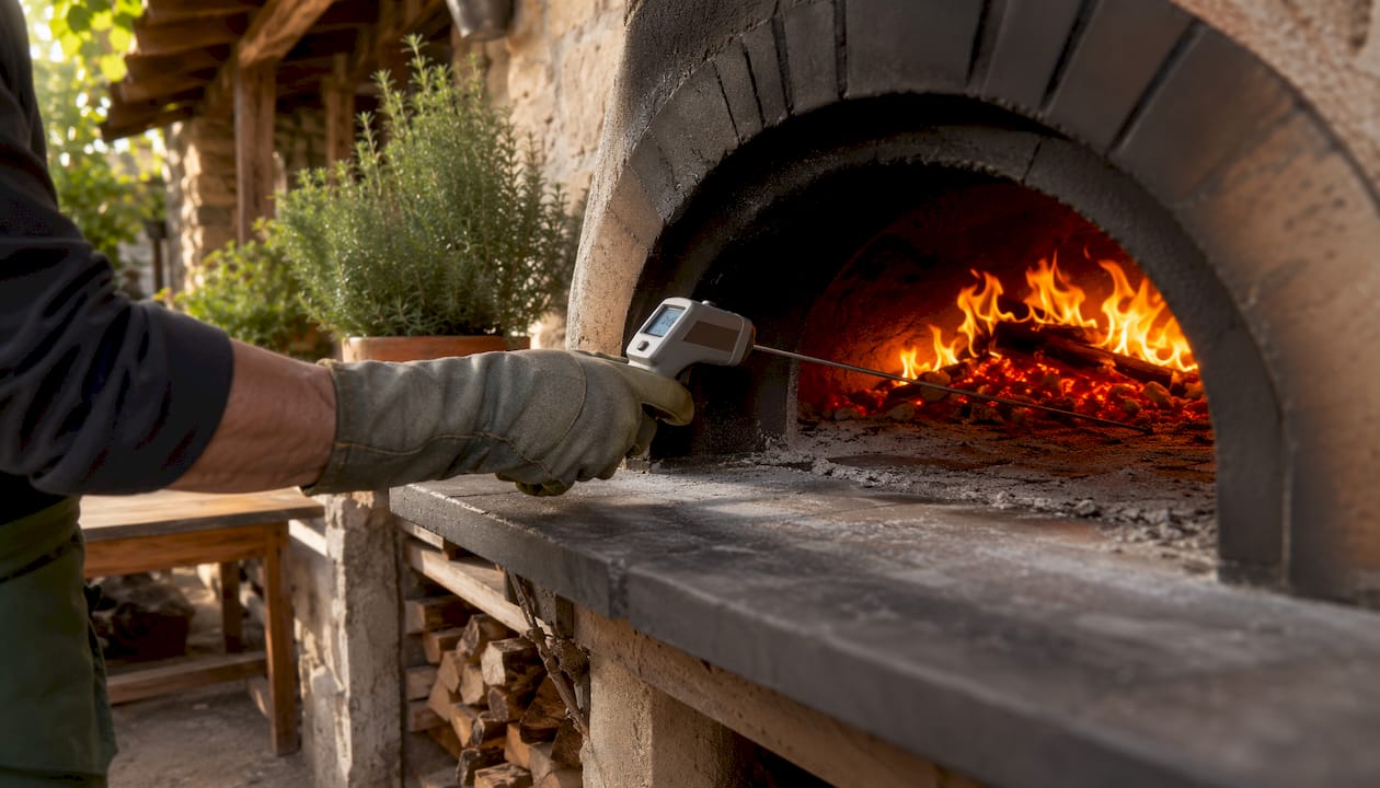 Hands measuring temperature of wood fired oven interior