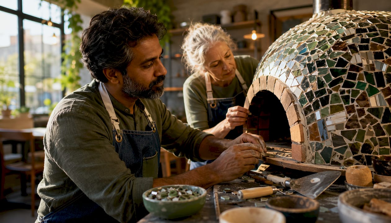 Craftsmen assembling mosaic pizza oven in workshop