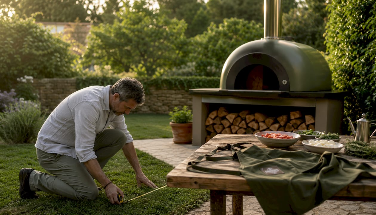 Man measuring commercial pizza oven footprint outdoors
