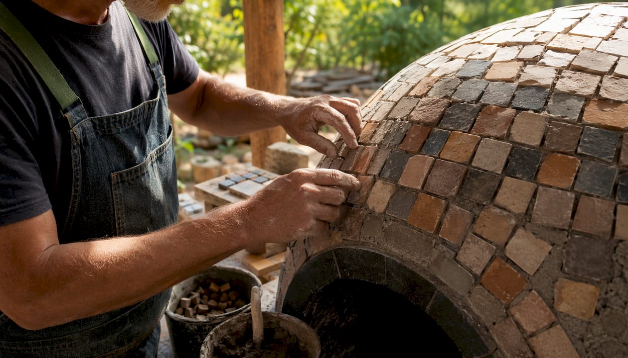 Craftsman's hands working on mosaic oven dome