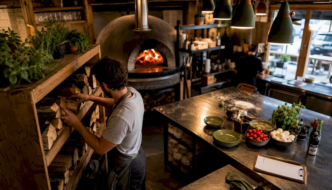 Hands organizing wood fuel near oven in kitchen