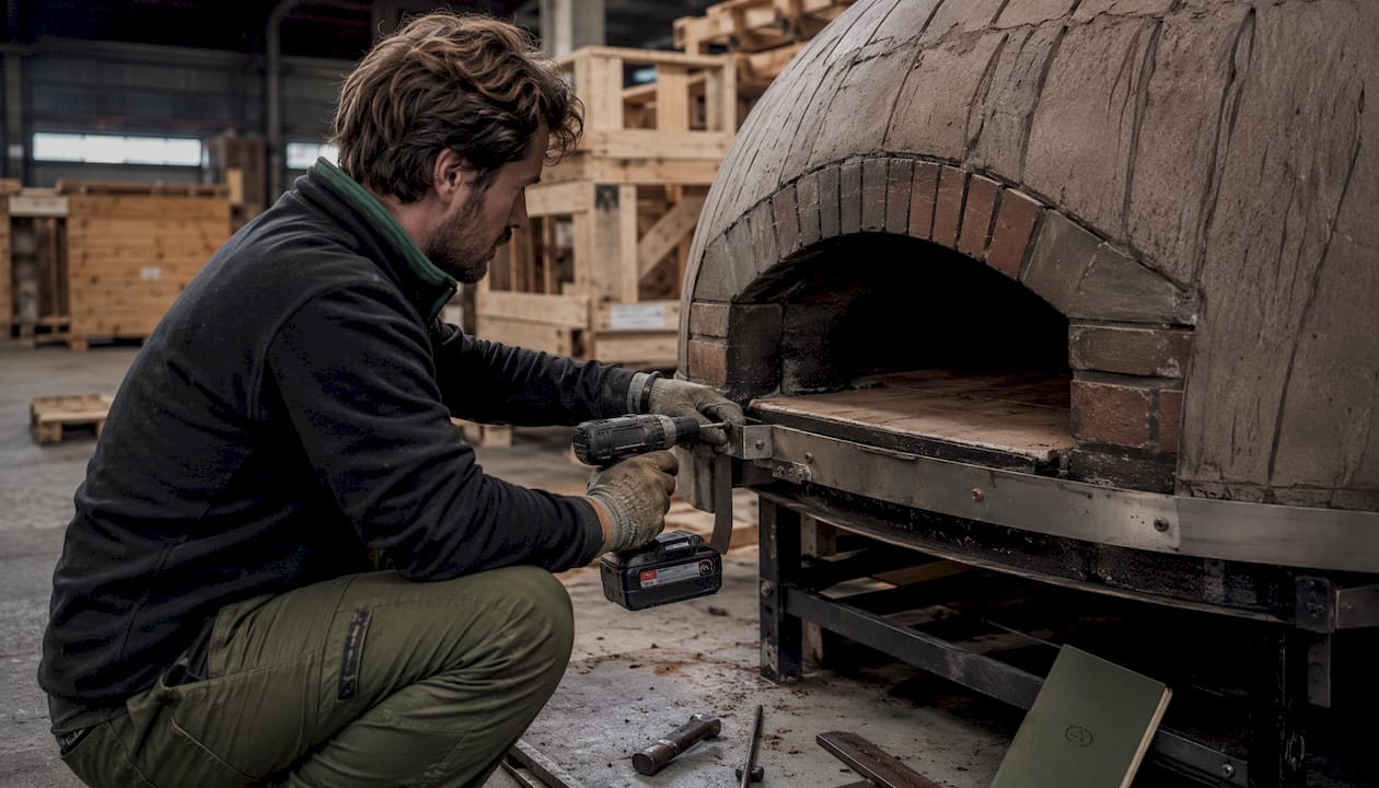 Hands disassembling pizza oven components