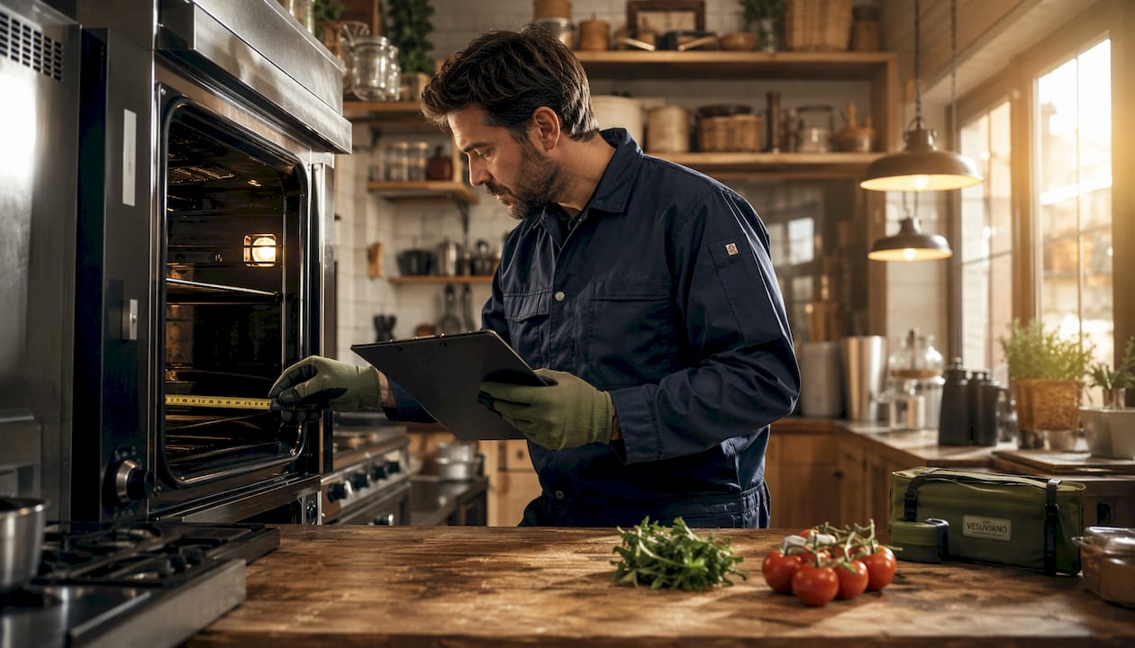 Kitchen technician checking pizza oven measurements