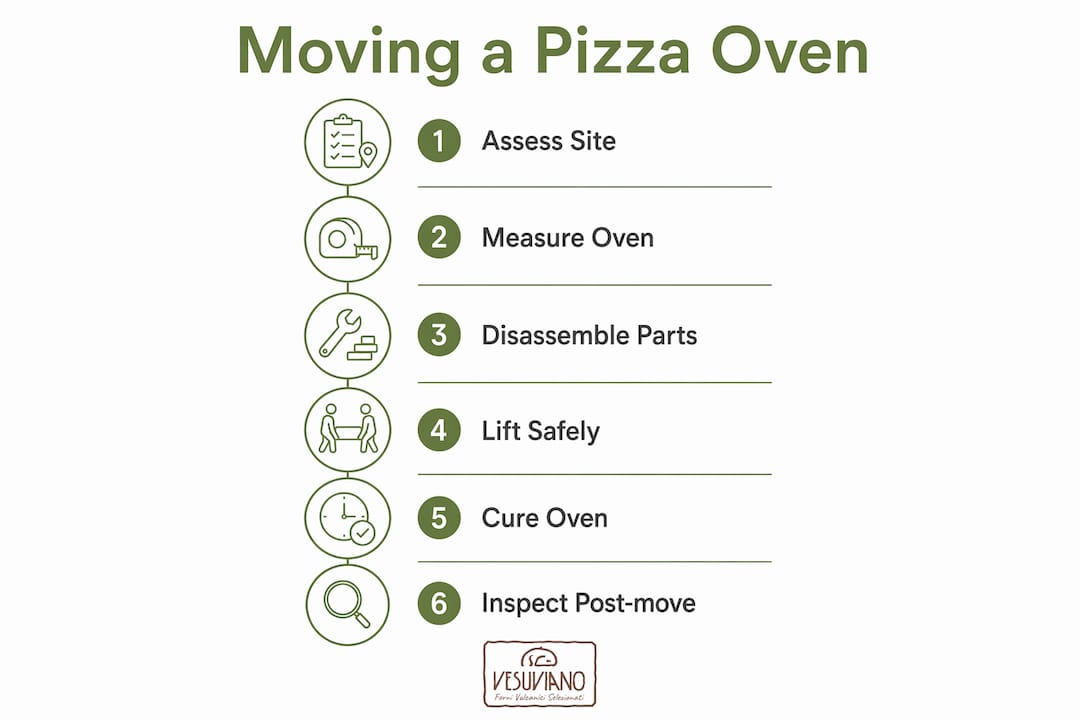 Infographic showing pizza oven moving process steps