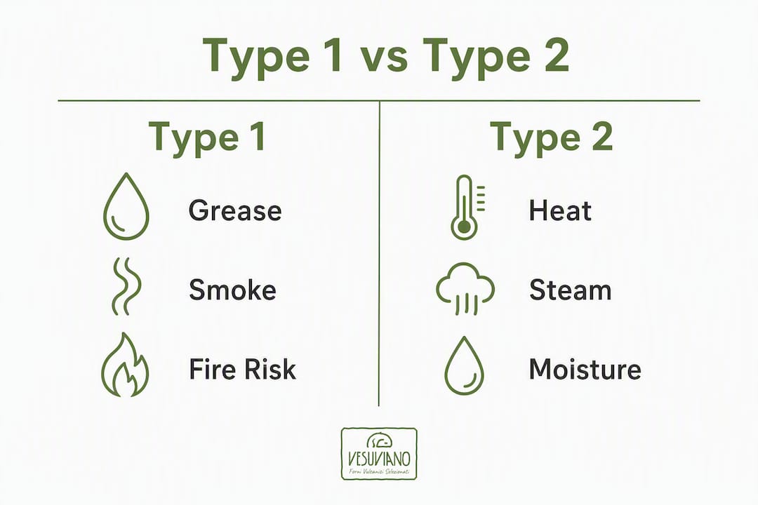 Infographic comparing Type 1 and Type 2 kitchen hoods