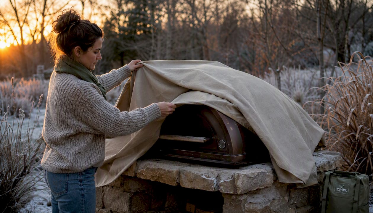 Woman covering pizza oven for winter protection