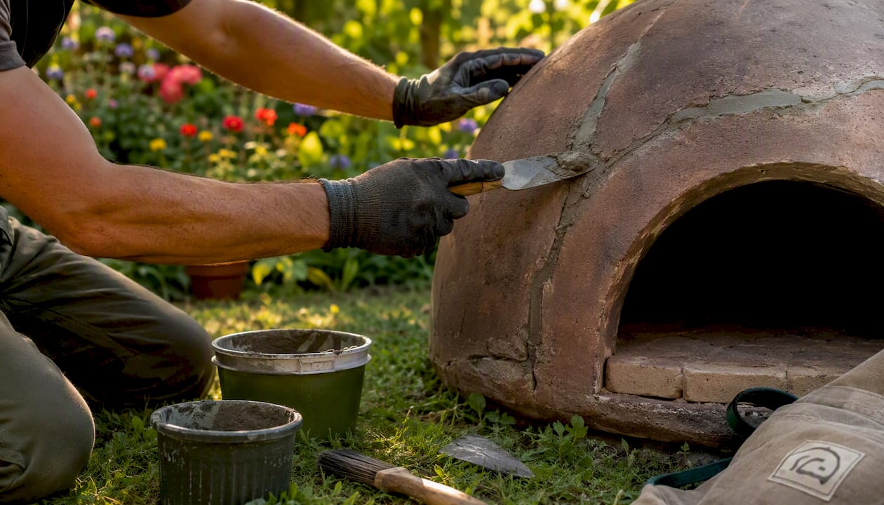 Close-up of hands repairing oven cracks