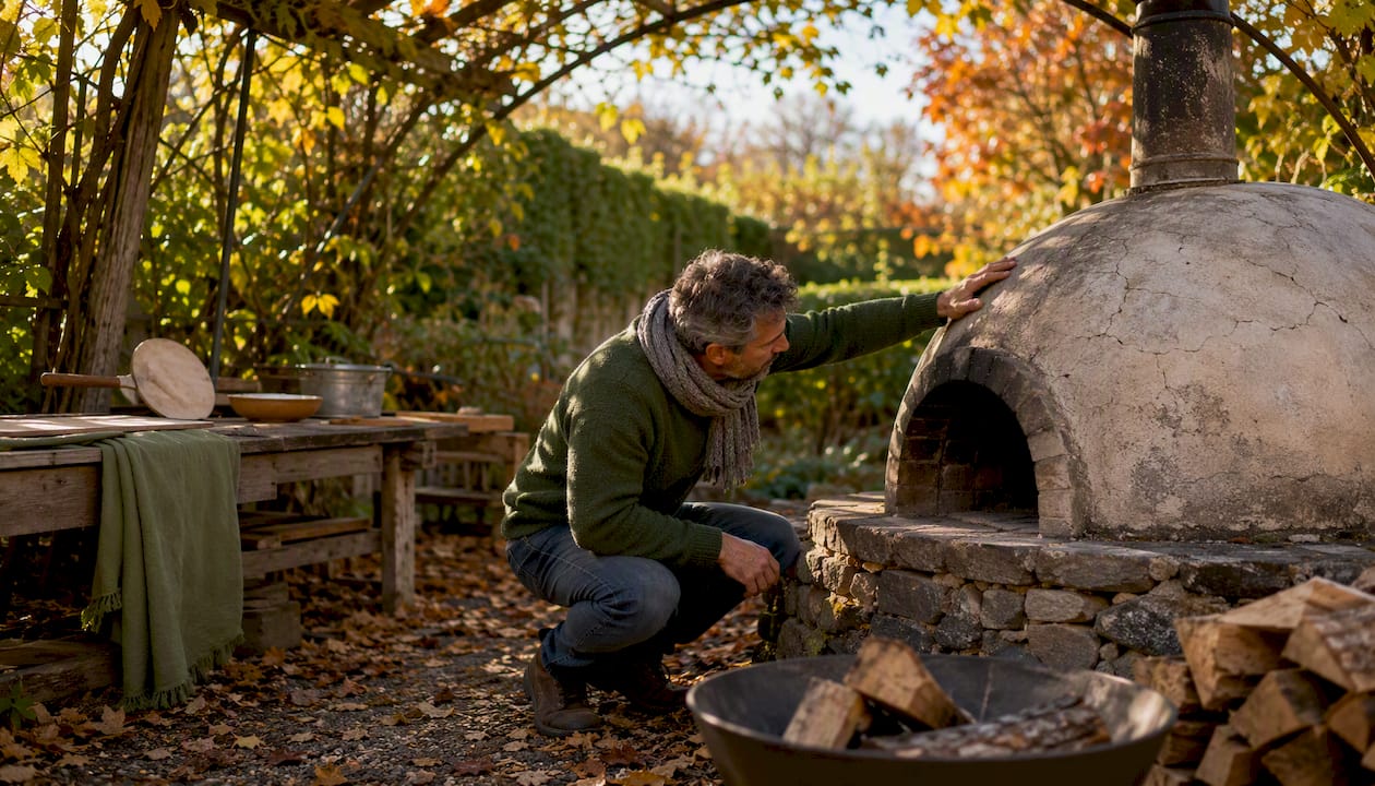 Man inspecting pizza oven cracks outdoors