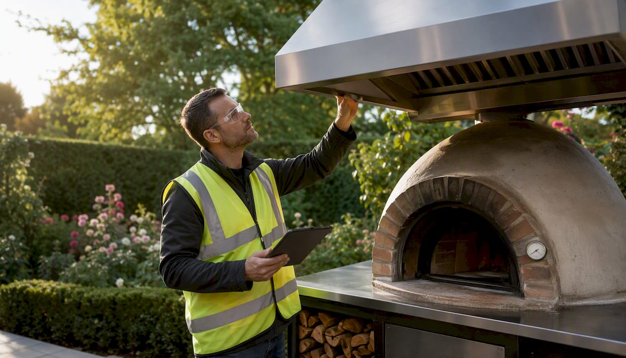 Engineer inspecting pizza oven exhaust hood