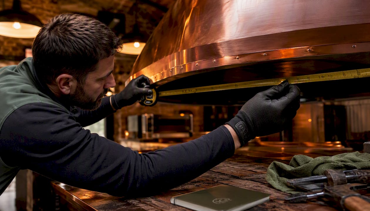 Technician measuring pizza oven hood canopy