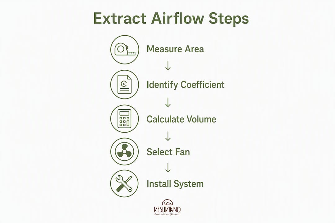 Infographic illustrating airflow calculation steps for pizza ovens