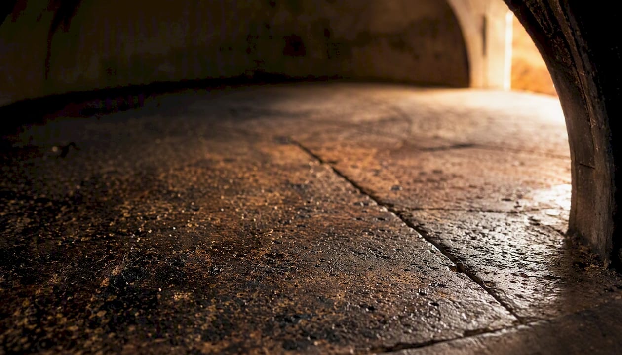 Primo piano della patina della pietra refrattaria del forno pizza