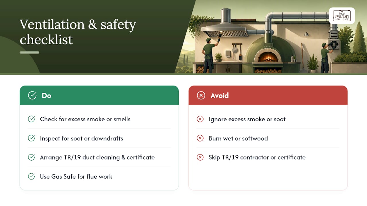 Diagramma dei controlli di ventilazione e sicurezza antincendio per forni pizza