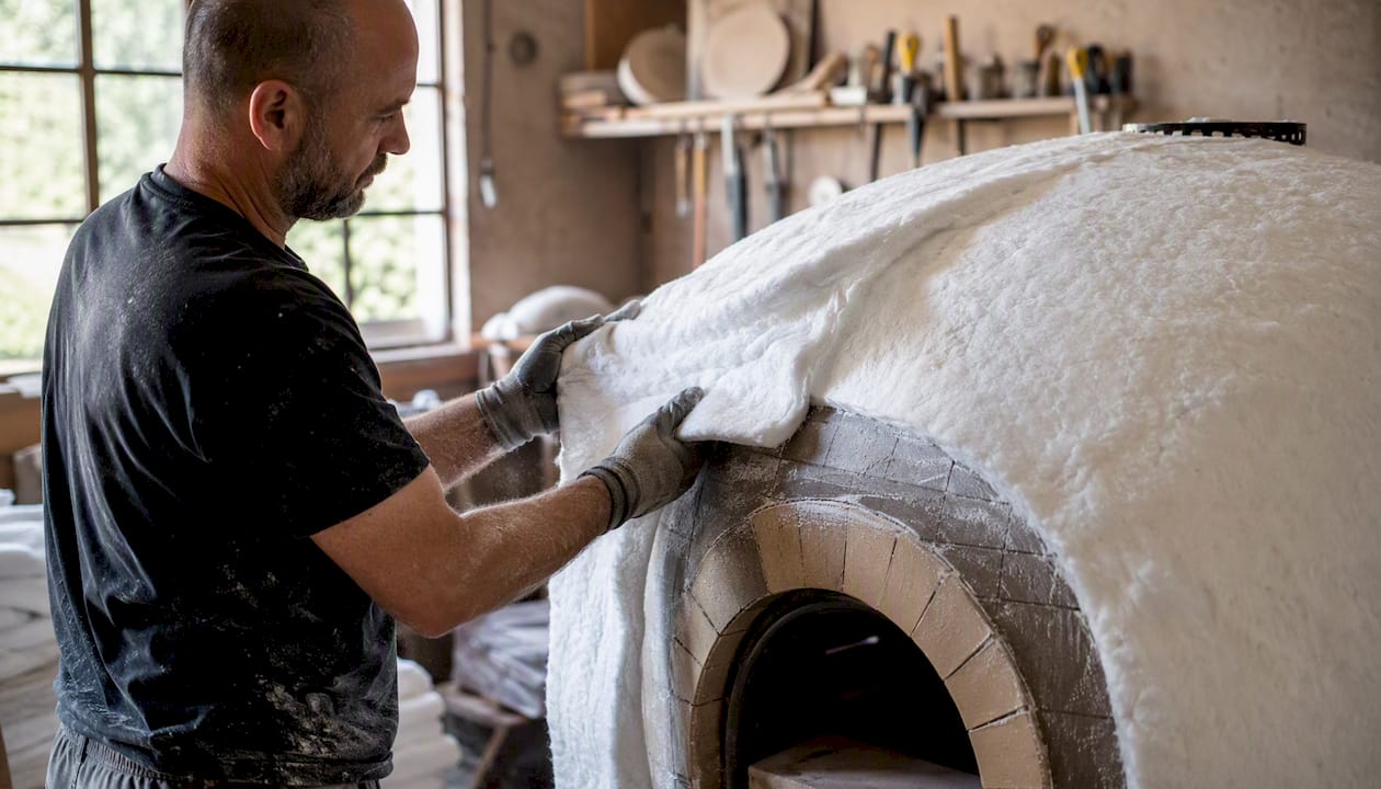 Artisan wrapping pizza oven dome with ceramic fibre insulation