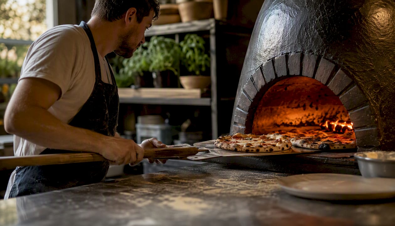Cocinero de pizza deslizando pizzas en el interior del horno