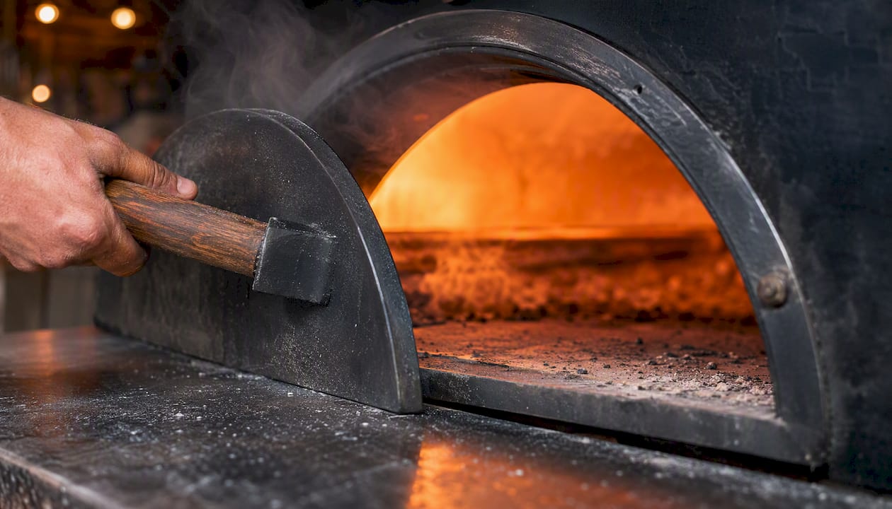 Abriendo la puerta del horno de pizza revelando el hogar caliente
