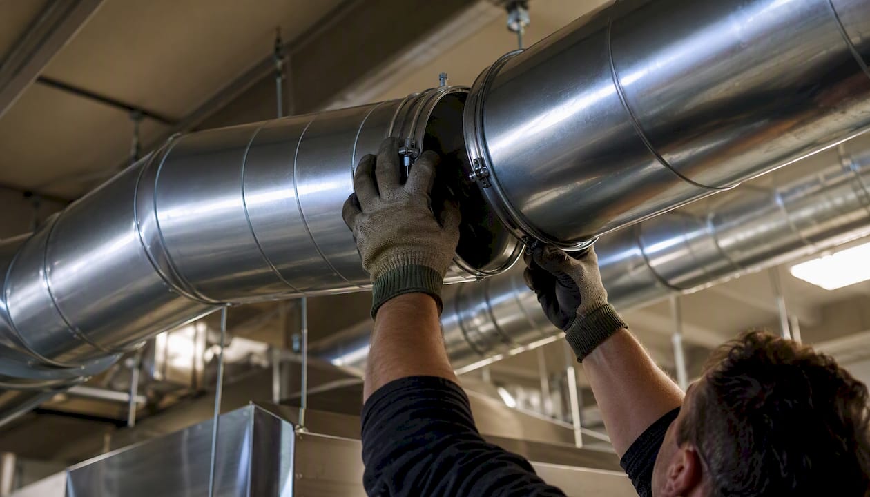 Mani che installano un condotto di ventilazione per cucina commerciale