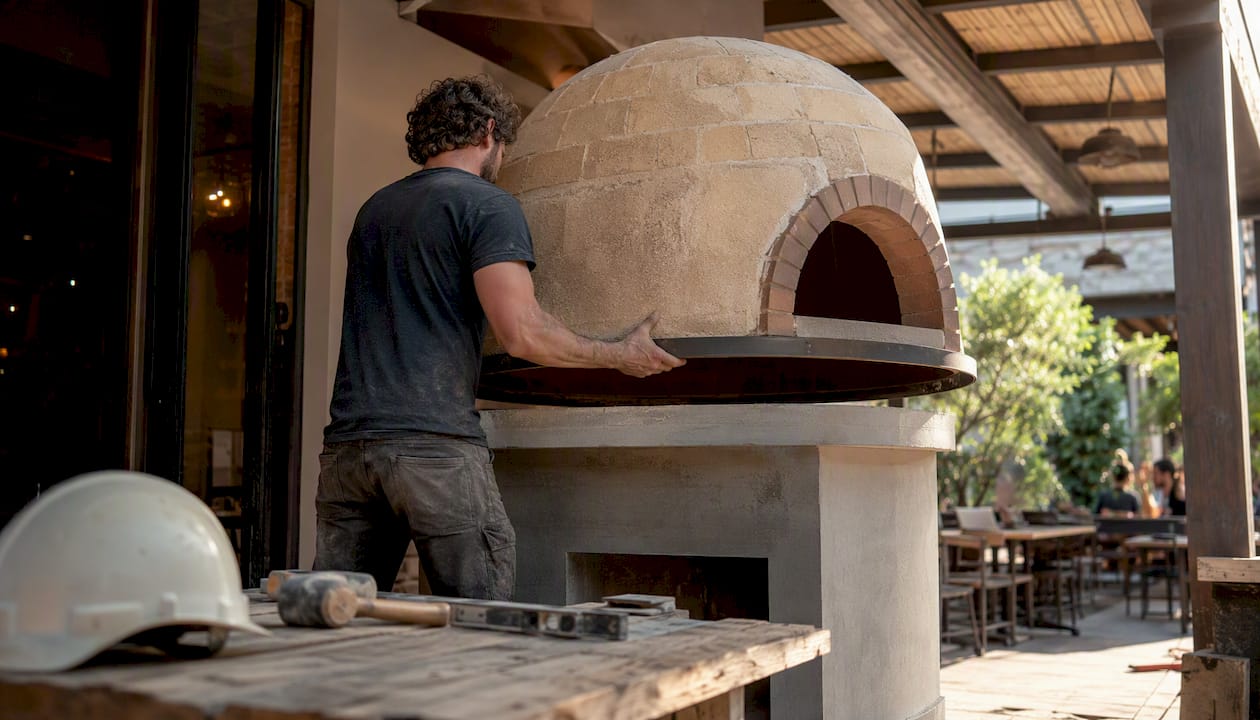 Hands installing pizza oven dome on base