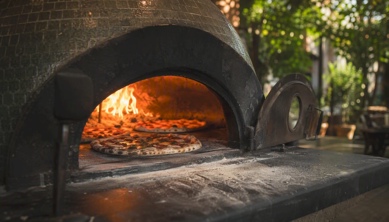 Rotating pizza oven with baking Neapolitan pizzas