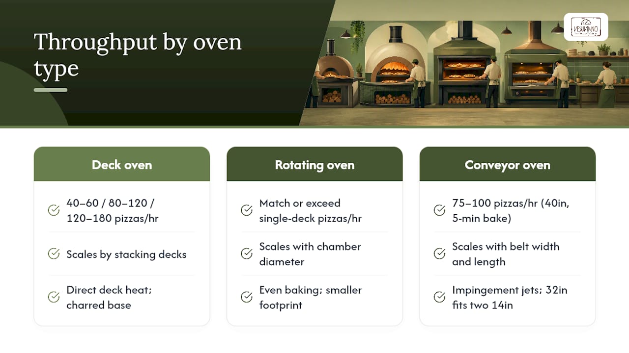 Diagram comparing pizza oven throughput by oven type and size