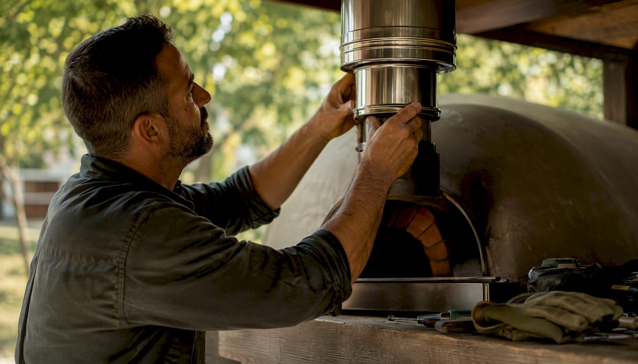 Mani che installano un tubo per la canna fumaria del forno pizza