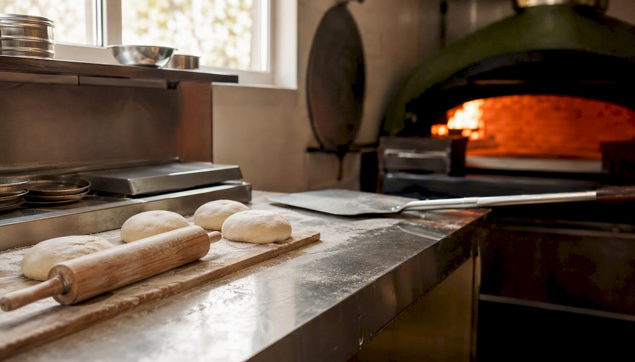 Layout dall'alto della preparazione pizza e del flusso di lavoro del forno