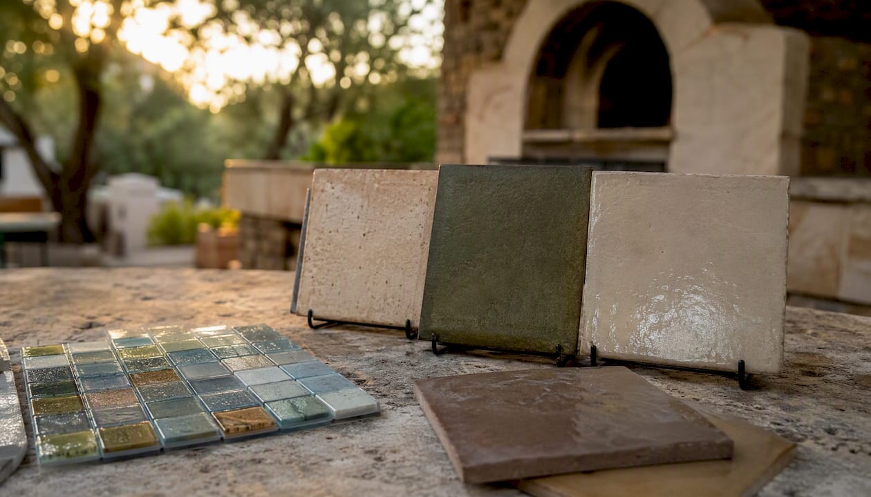 Heat-resistant ceramic and porcelain tiles close-up