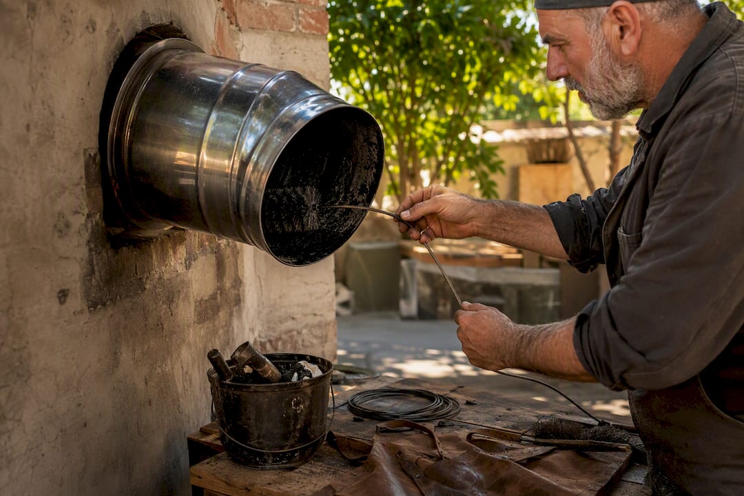 Hands cleaning grease duct connected to pizza oven