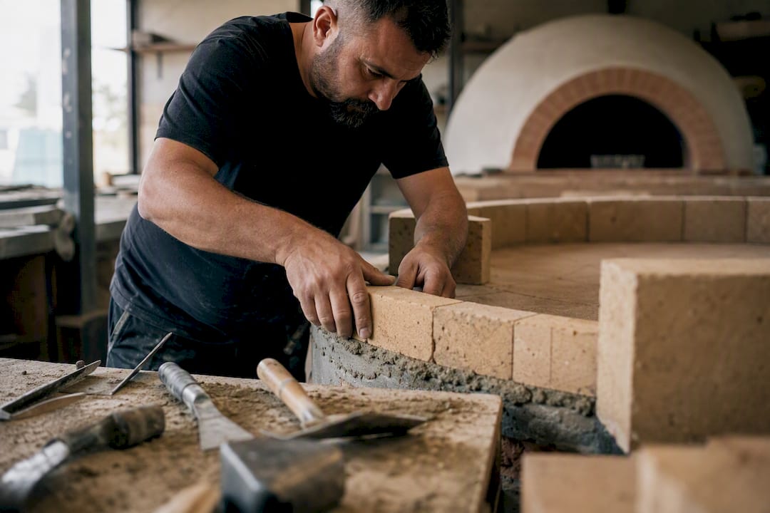 Manos colocando ladrillos refractarios en el suelo del horno de pizza