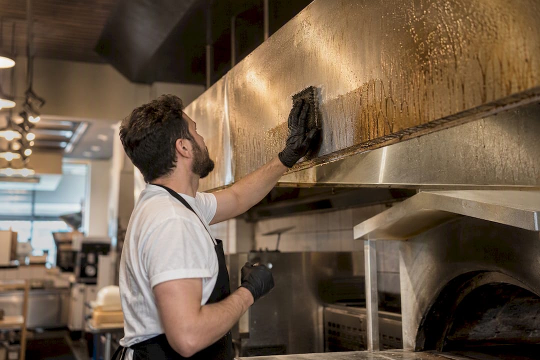 Manos limpiando el interior grasiento de la campana de un horno de pizza