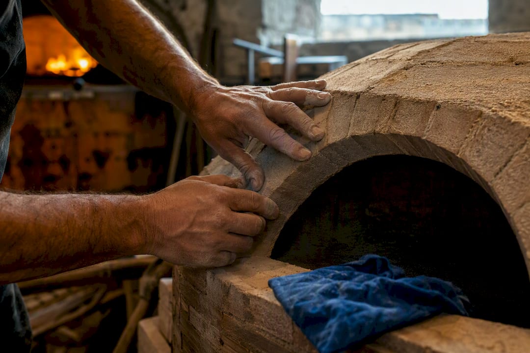 Artesano dando forma a la cúpula de un horno refractario