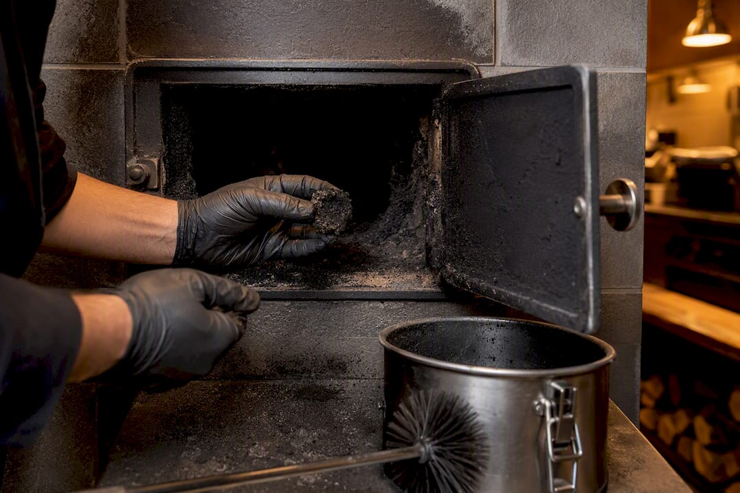 Technician checking soot buildup in oven flue