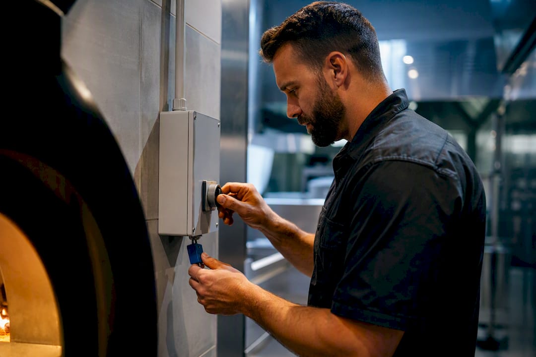 Elektriker prüft Stromanschluss des Pizzaofens