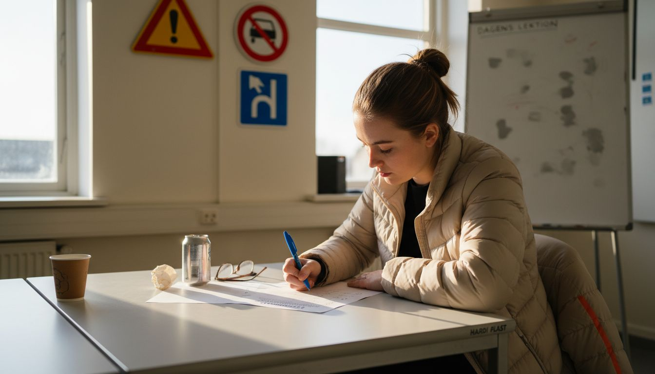 Ung kvinde sidder og arbejder med teoriprøven på køreskolen