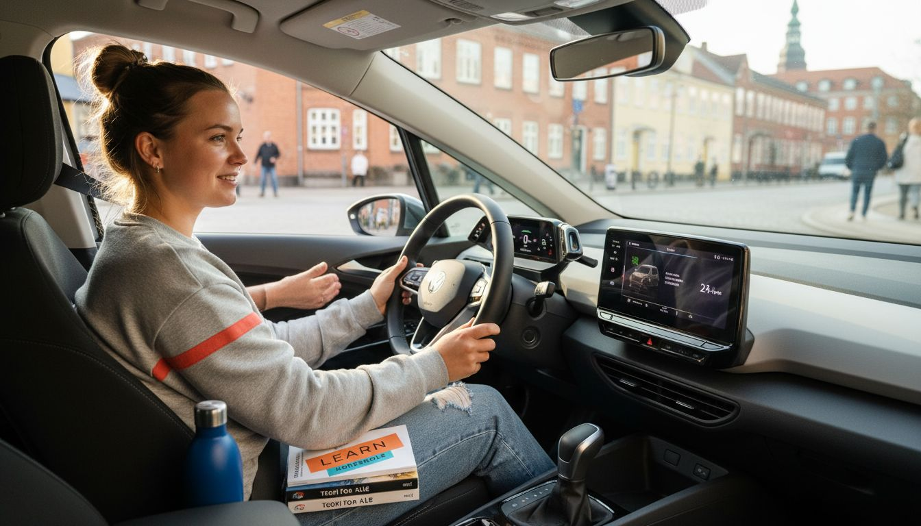 Elev på køretime med kørelærer i elbil i Aarhus
