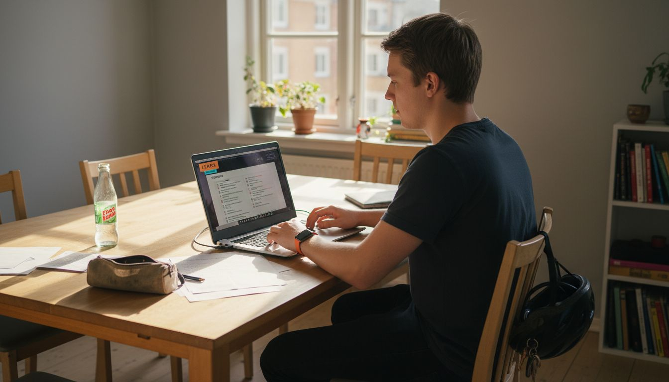 En ung voksen sidder hjemme ved køkkenbordet og tager den digitale teoriprøve til kørekortet.