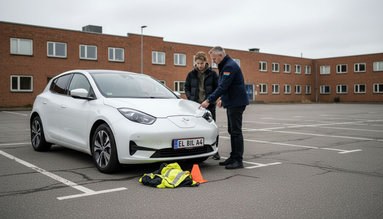 Kørelærer gennemgår elbilens funktioner med eleverne ude på parkeringspladsen.