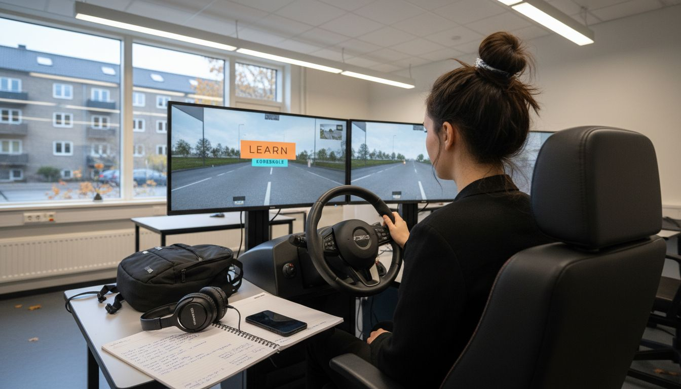 En elev øver sig bag rattet i en digital køresimulator.